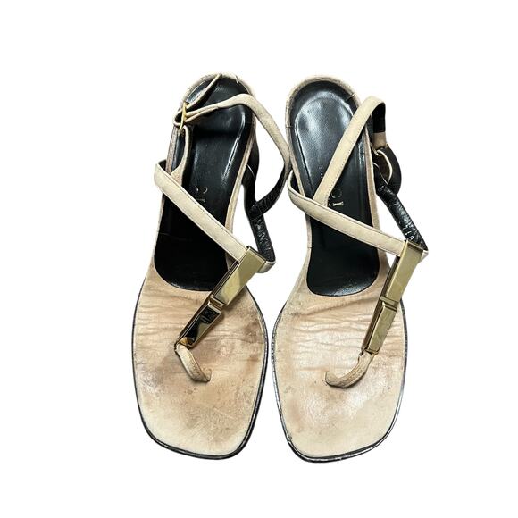 Vintage Gucci Gold Accent Suede Block Heel Sandals Size 7 - Picture 1 of 6